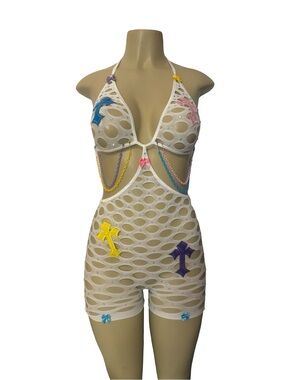 One-Piece Bodysuit with Multicolor cross Accents, bows & rhinestones